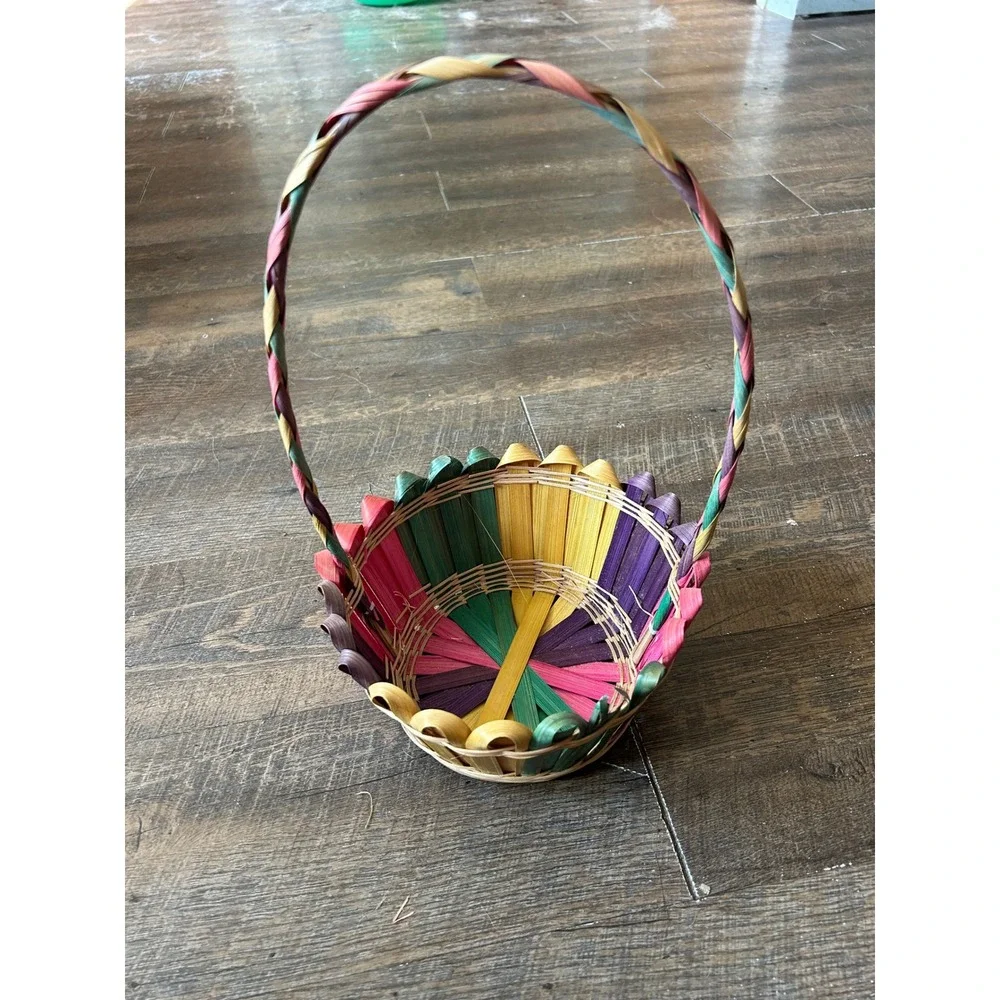 Vintage Handwoven Rainbow Woven Basket Braided Handle Boho Folk Art Decor